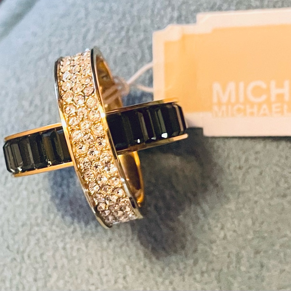 MICHAEL KORS CROSSOVER RING(S) NWT Sz 7 DARK BLUE/WHT PAVÉ CRYSTALS GOLD TONE